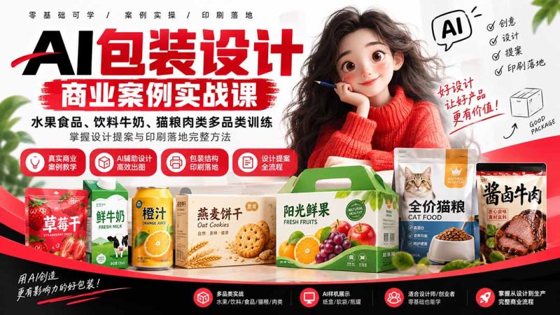 AI包装设计商业案例实战课:水果食品、饮料牛奶、猫粮肉类多品类训练,掌握设计提案与印刷落地完整方法-紫橙项目网