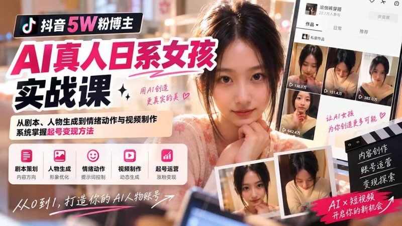 抖音5W粉博主AI真人日系女孩实战课:从剧本、人物生成到情绪动作与视频制作,系统掌握起号变现方法-紫橙项目网