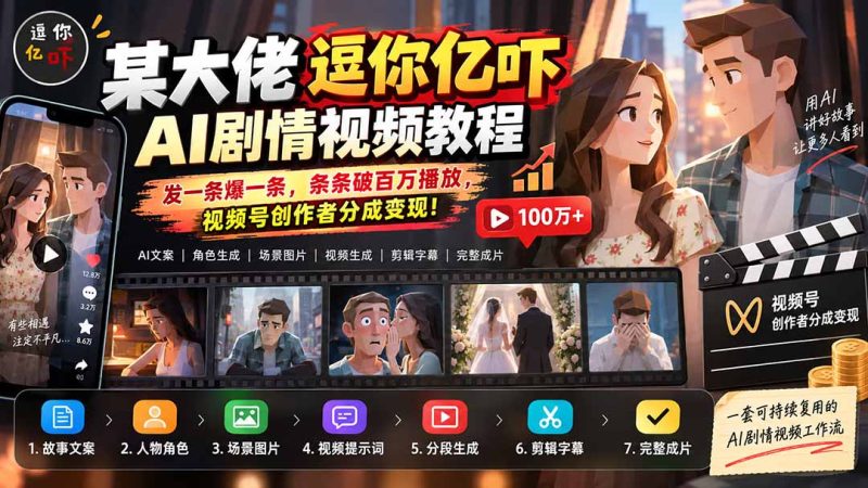 某大佬逗你亿吓AI低模剧情视频制作教程：发一条爆一条，条条破百万播放，利用视频号创作者分成变现!-紫橙项目网