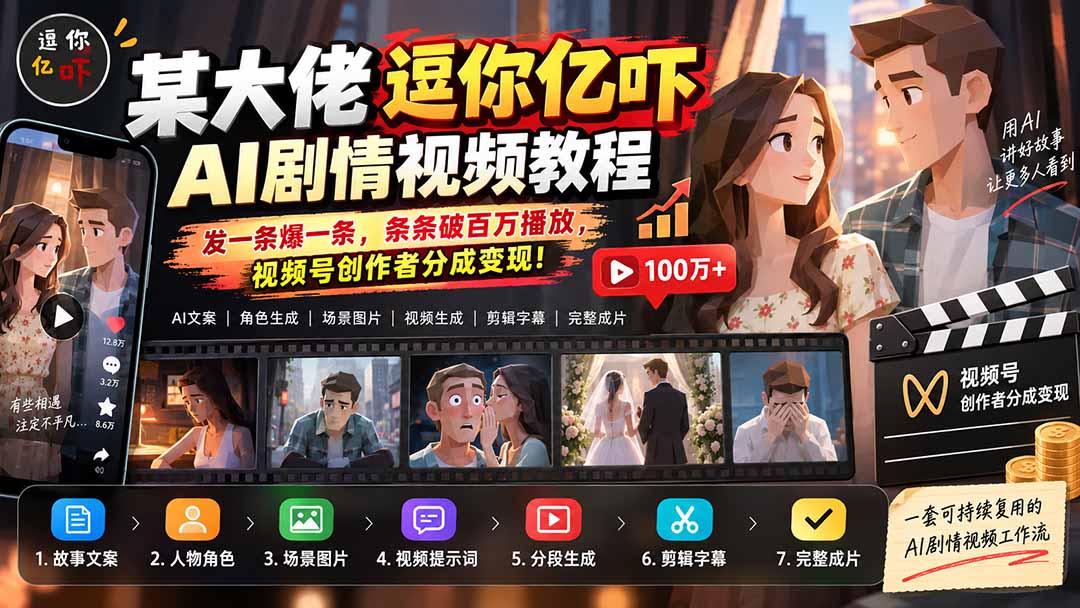 某大佬逗你亿吓AI低模剧情视频制作教程:发一条爆一条,条条破百万播放,利用视频号创作者分成变现!-紫橙项目网