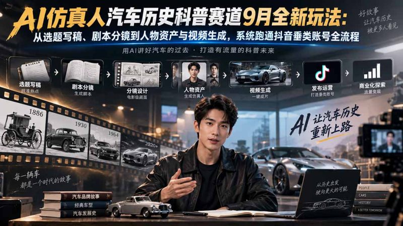 AI仿真人汽车历史科普赛道9月全新玩法:从选题写稿、剧本分镜到人物资产与视频生成,系统跑通抖音垂类账号全流程-紫橙项目网