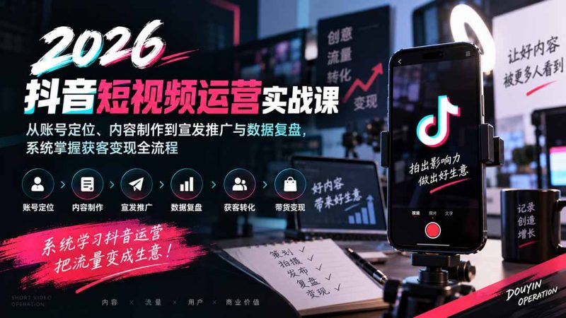 2026抖音短视频运营实战课:从账号定位、内容制作到宣发推广与数据复盘,系统掌握获客变现全流程-紫橙项目网