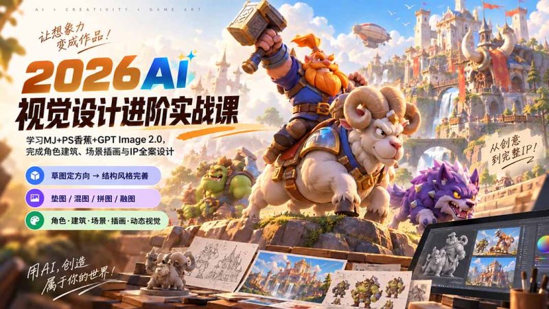 2026AI视觉设计进阶实战课-更新:学习MJ+PS香蕉+GPT Image 2.0,完成角色建筑、场景插画与IP全案设计-紫橙项目网