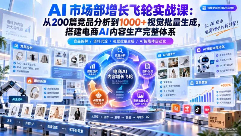 AI 市场部增长飞轮实战课：从200篇竞品分析到1000+视觉批量生成，搭建电商AI内容生产完整体系-紫橙项目网