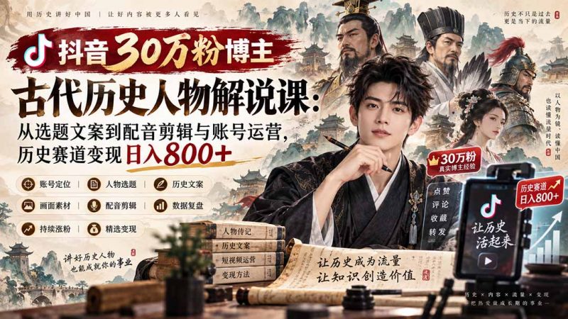 抖音30万粉博主古代历史人物解说课:从选题文案到配音剪辑与账号运营,历史赛道变现日入800+-紫橙项目网