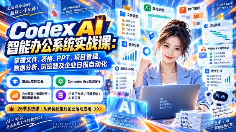 Codex AI智能办公系统实战课：掌握文件、表格、PPT、项目管理、数据分析、浏览器及企业日报自动化 - 中创网
