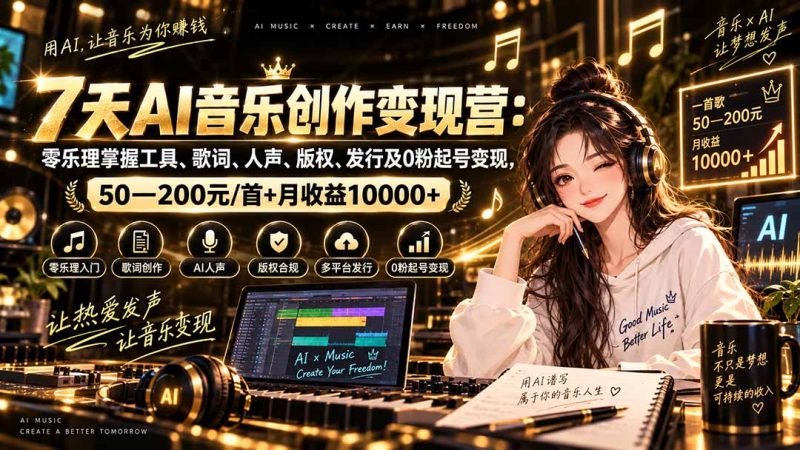 AI音乐创作变现营：零乐理掌握工具、歌词、人声、版权、发行及0粉起号变现，50—200元/首+月收益10000+-紫橙项目网