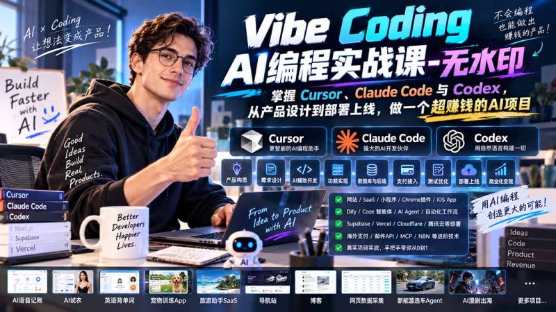 Vibe Coding AI编程实战课-无水印:掌握Cursor、Claude Code与Codex,从产品设计到部署上线,做一个超赚钱的AI项目-紫橙项目网