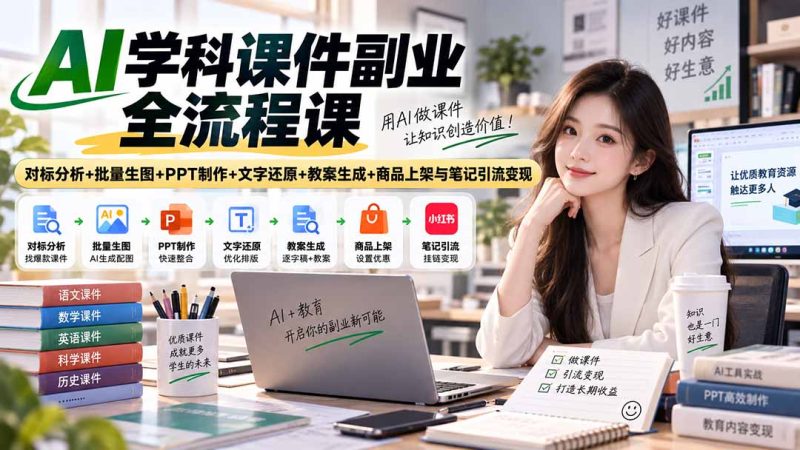 AI学科课件副业全流程课|对标分析+批量生图+PPT制作+文字还原+教案生成+商品上架与笔记引流变现-紫橙项目网
