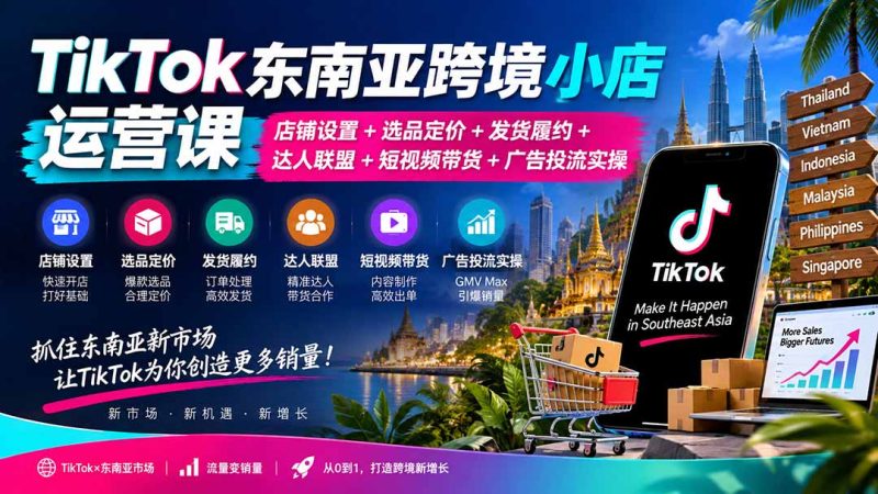 TikTok东南亚跨境小店运营课：店铺设置+选品定价+发货履约+达人联盟+短视频带货+广告投流实操-紫橙项目网