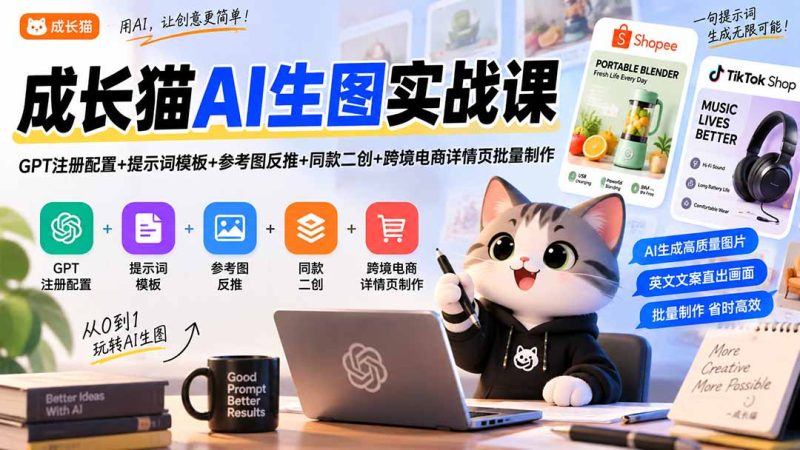 成长猫AI生图实战课|GPT注册配置+提示词模板+参考图反推+同款二创+跨境电商详情页批量制作-紫橙项目网