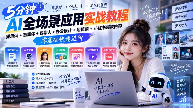 AI全场景应用实战教程|提示词+智能体+数字人+办公设计+短视频+小红书爆款内容,零基础快速进阶-紫橙项目网