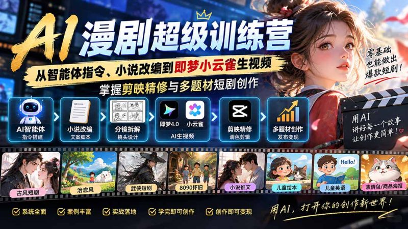 AI漫剧超级特训营:从智能体指令、小说改编到即梦小云雀生视频,掌握剪映精修与多题材短剧创作-紫橙项目网