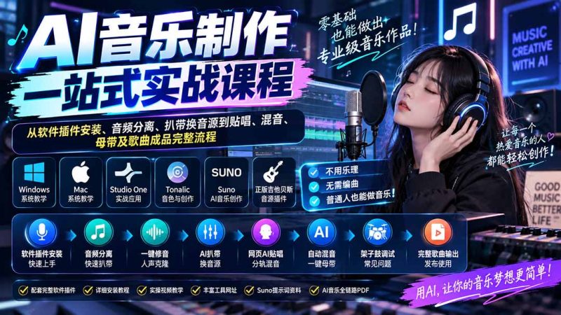 AI音乐制作一站式实战课程:从软件插件安装、音频分离、扒带换音源到贴唱、混音、母带及歌曲成品完整流程-紫橙项目网