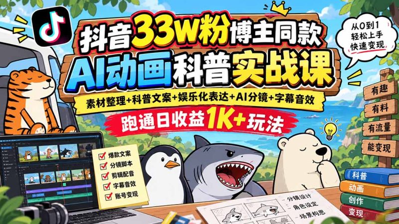 抖音33W粉博主同款AI动画科普实战课|素材整理+科普文案+娱乐化表达+AI分镜+字幕音效,跑通日收益1K+玩法-紫橙项目网