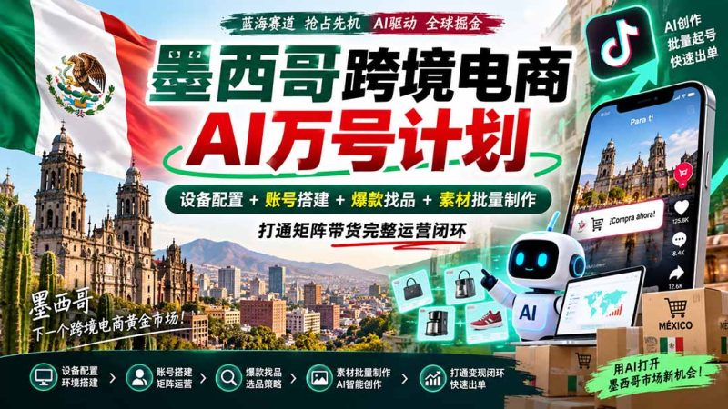 墨西哥AI跨境电商万号计划|设备配置+账号搭建+爆款找品+素材批量制作,打通矩阵带货完整运营闭环-紫橙项目网