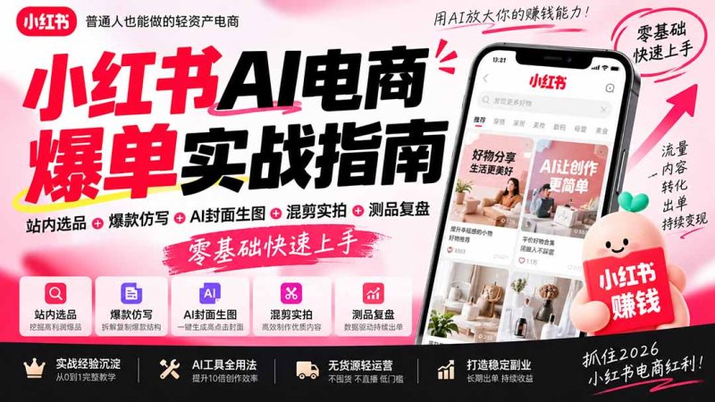 2026小红书AI电商爆单实战指南:站内选品+爆款仿写+AI封面生图+混剪实拍+测品复盘,零基础快速上手-紫橙项目网