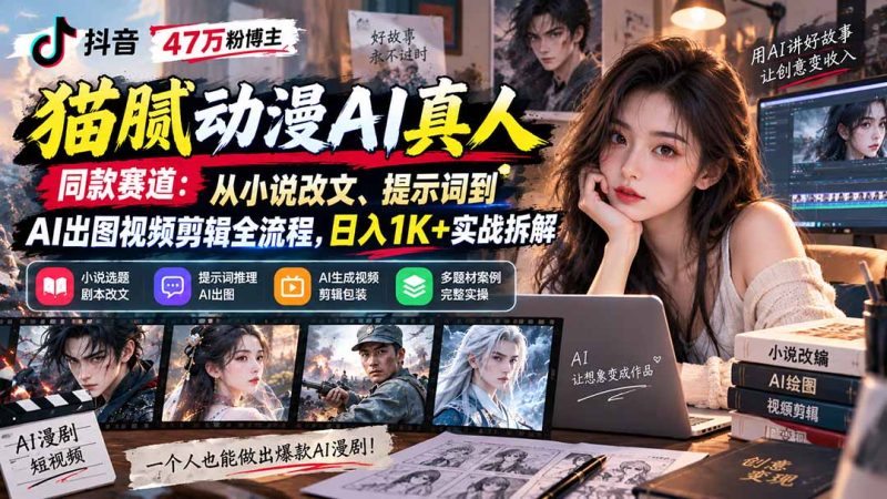 抖音47万粉博主猫腻动漫AI真人同款赛道:从小说改文、提示词到AI出图视频剪辑全流程,日入1K+实战拆解-紫橙项目网
