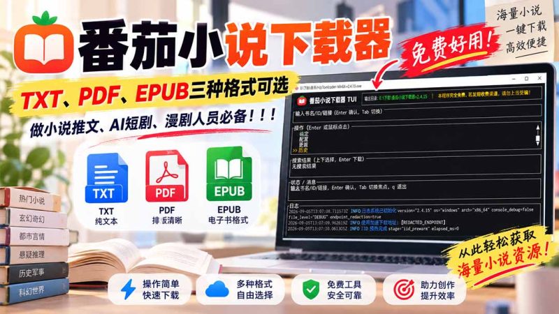 番茄小说下载器,TXT、PDF、EPUB三种格式可选,做小说推文、AI短剧、漫剧人员必备!-紫橙项目网