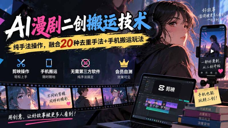 AI漫剧二创搬运技术,纯手法操作,融合20种去重手法++手机搬运玩法-紫橙项目网