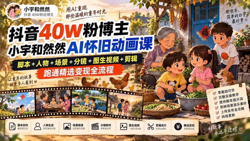 抖音40W粉博主小宇和然然AI怀旧动画课|脚本+人物+场景+分镜+图生视频+剪辑,跑通精选变现全流程-紫橙项目网