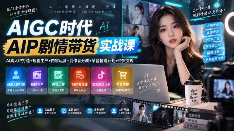 AIGC时代AI剧情带货实战课|AI真人IP打造+短剧生产+内容运营+创作者分成、某音精选计划+带货变现-紫橙项目网
