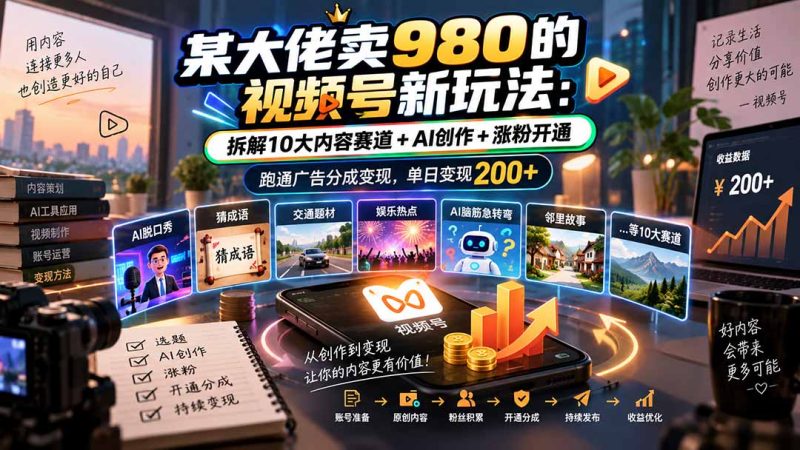 某大佬卖980的视频号新玩法:拆解10大内容赛道+AI创作+涨粉开通,跑通广告分成变现,单日变现200+-紫橙项目网