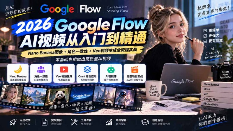 【无水印】Google Flow AI视频从入门到精通:Nano Banana图像+角色一致性+Veo视频生成全流程实战-精翻中英字幕-紫橙项目网