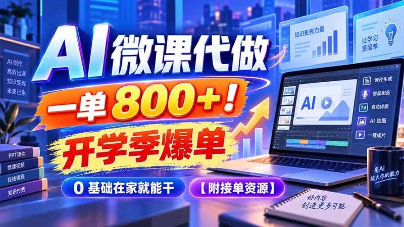 AI 微课代做,一单 800+!开学季爆单,0 基础在家就能干【附接单资源】-紫橙项目网