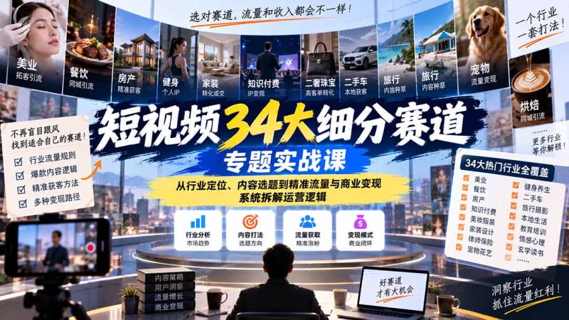 短视频34大细分赛道专题实战课：从行业定位、内容选题到精准流量与商业变现，系统拆解运营逻辑 - 中创网