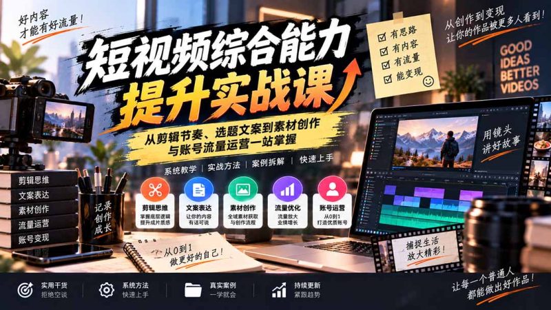 短视频综合能力提升实战课:从剪辑节奏、选题文案到素材创作与账号流量运营一站掌握 - 中创网