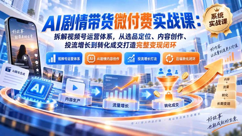 AI剧情带货微付费实战课:拆解视频号运营体系,从选品定位、内容创作、投流增长到转化成交打造完整变现闭环-紫橙项目网