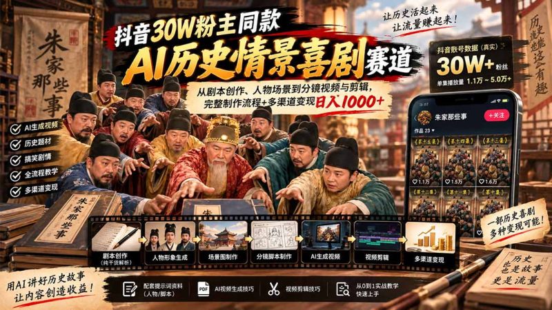 抖音30W粉博主同款AI历史情景喜剧赛道:从剧本创作、人物场景到分镜视频与剪辑,完整制作流程+多渠道变现日入1000+-紫橙项目网