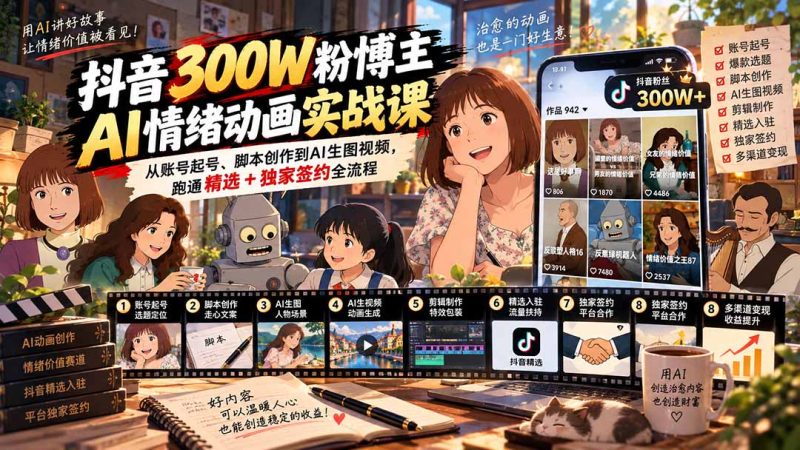 抖音300W粉博主AI情绪动画实战课:从账号起号、脚本创作到AI生图视频,跑通精选+独家签约全流程-紫橙项目网