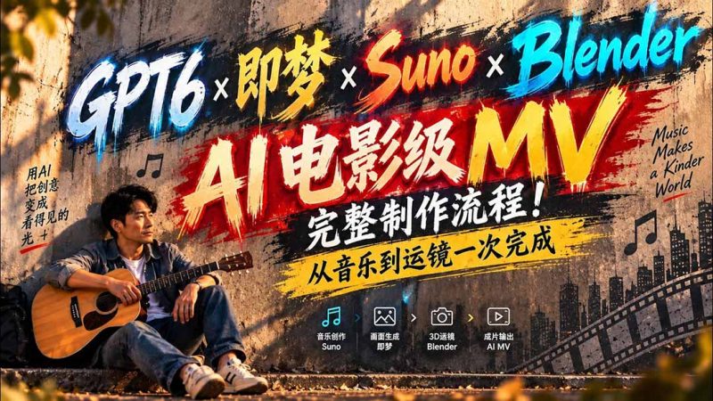 GPT6×即梦×Suno×Blender|AI电影级MV完整制作流程!从音乐到运镜一次完成 (无水印)-紫橙项目网