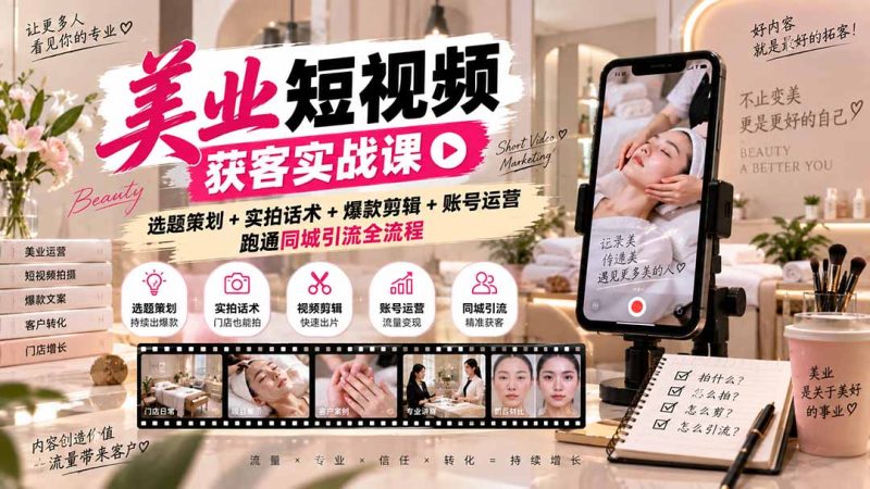 美业短视频获客实战课-无水印:选题策划+实拍话术+爆款剪辑+账号运营,跑通同城引流全流程-紫橙项目网