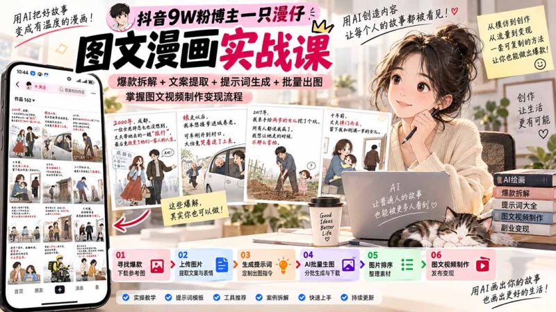 抖音9W粉博主一只漫仔图文漫画课:爆款拆解+文案提取+提示词生成+批量出图,掌握图文视频制作变现流程-紫橙项目网