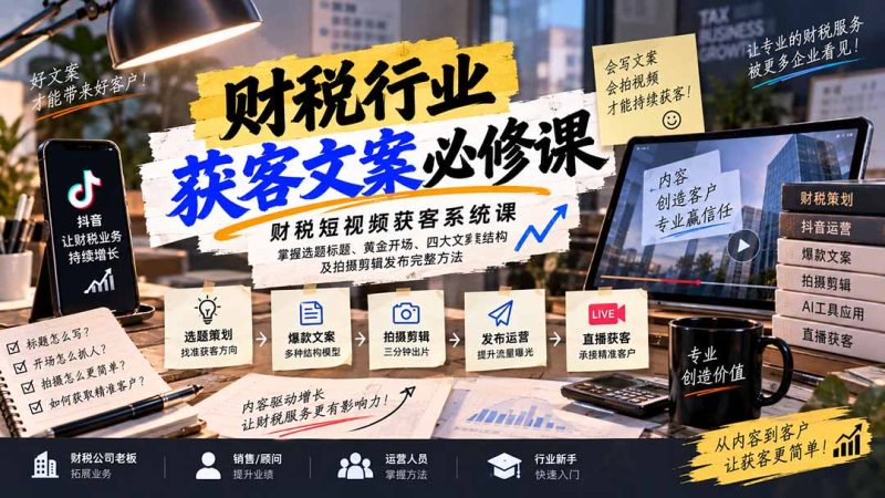 财税短视频获客系统课:掌握选题标题、黄金开场、四大文案结构及拍摄剪辑发布完整方法-紫橙项目网