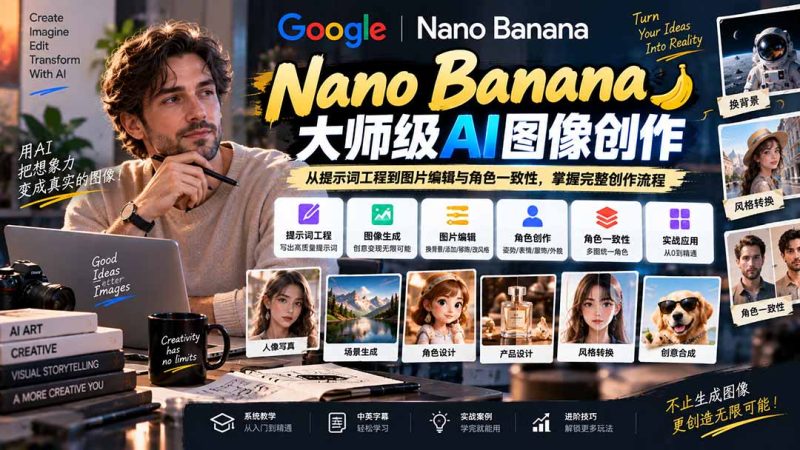 【无水印】Nano Banana大师级AI图像实战课:从提示词工程到图片编辑与角色一致性,掌握完整创作流程-紫橙项目网