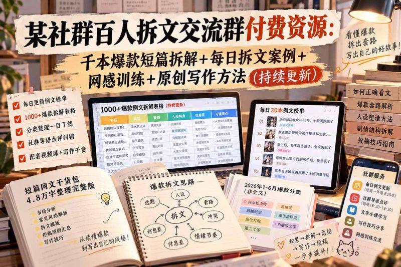 某社群百人拆文交流群付费资源:千本爆款短篇拆解+每日拆文案例+网感训练+原创写作方法 (持续更新) - 中创网