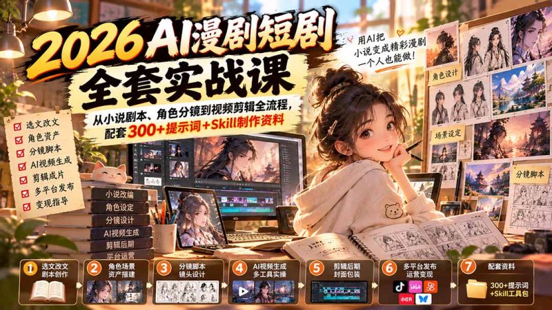 2026AI漫剧短剧全套实战课:从小说剧本、角色分镜到视频剪辑全流程,配套300+提示词+Skill制作资料-紫橙项目网