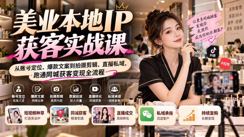【无水印】美业本地IP获客实战课:从账号定位、爆款文案到拍摄剪辑、直播私域,跑通同城获客变现全流程-紫橙项目网