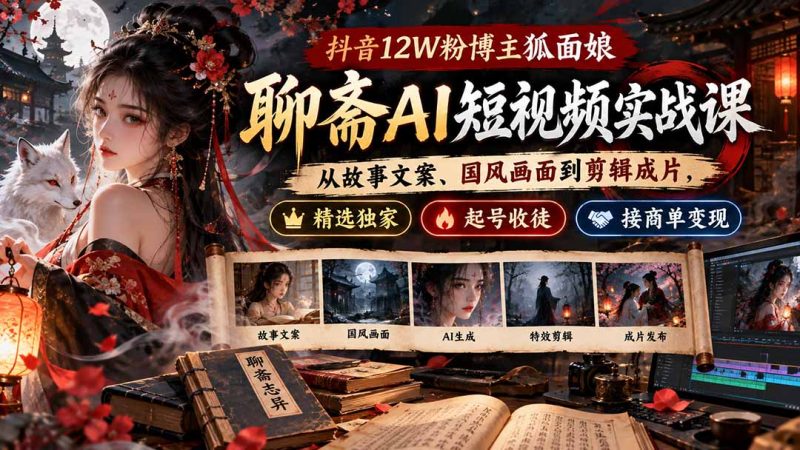 抖音12W粉博主狐面娘-聊斋AI短视频实战课:从故事文案、国风画面到剪辑成片,精选独家+起号收徒+接商单变现-紫橙项目网
