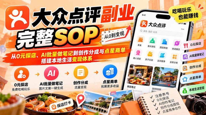 【无水印】大众点评副业完整SOP:从0元探店、AI批量做笔记到创作分成与点星商单,搭建本地生活变现体系-紫橙项目网