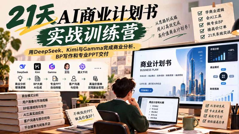 【无水印】21天AI商业计划书实战训练营:用DeepSeek、Kimi与Gamma完成商业分析、BP写作和专业PPT交付-紫橙项目网