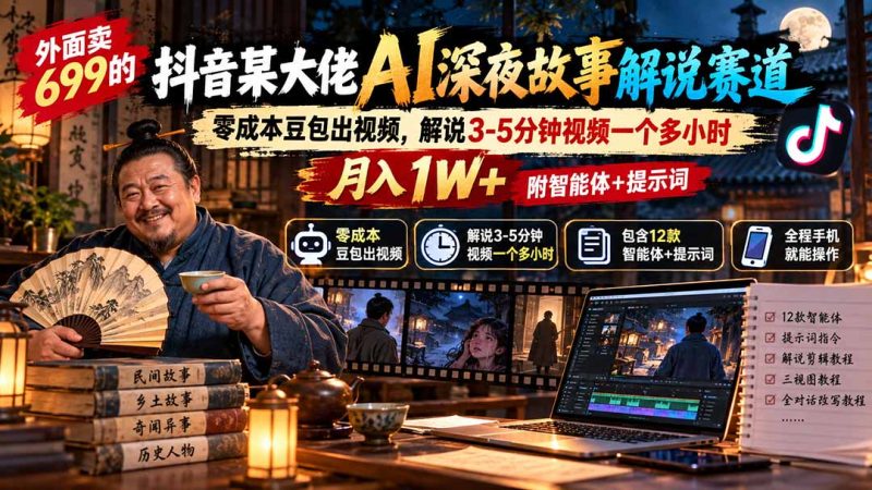 外面卖699的抖音某大佬AI深夜故事解说赛道：零成本豆包出视频，解说3-5分钟视频一个多小时，月入1W+附智能体+提示词-紫橙项目网