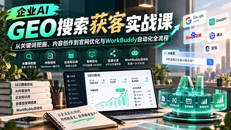 企业AI GEO搜索获客实战课:从关键词挖掘、内容创作到官网优化与WorkBuddy自动化全流程-紫橙项目网