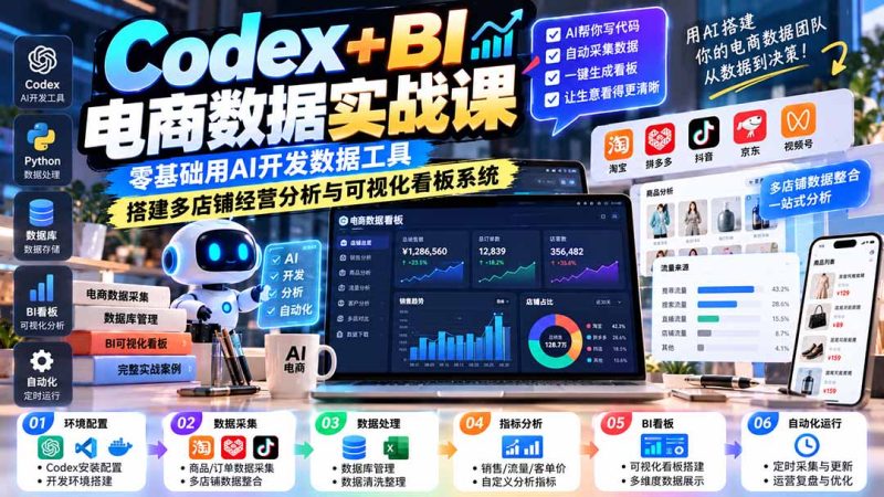 Codex+BI电商数据实战课:零基础用AI开发数据工具,搭建多店铺经营分析与可视化看板系统-紫橙项目网