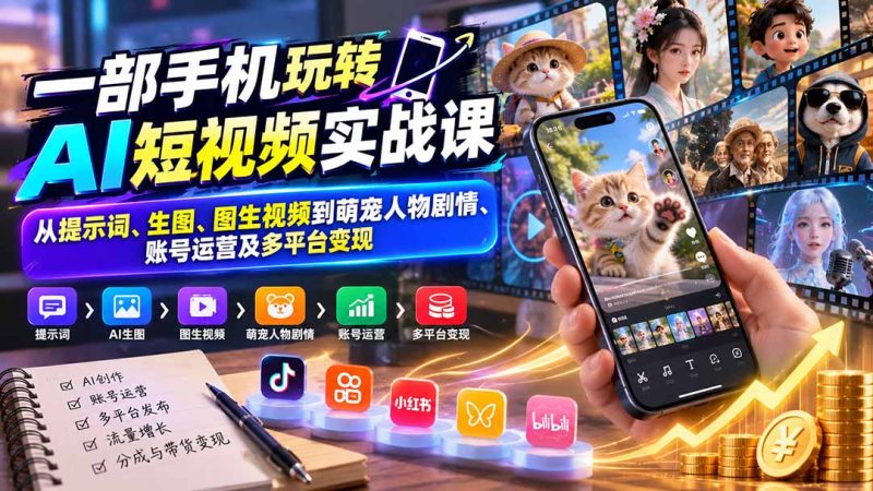 一部手机玩转AI短视频实战课:从提示词、生图、图生视频到萌宠人物剧情、账号运营及多平台变现-紫橙项目网