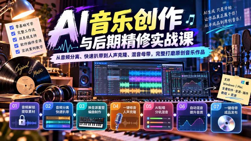 AI音乐创作与后期精修实战课：从音频分离、快速扒带到人声克隆、混音母带，完整打磨原创音乐作品-紫橙项目网